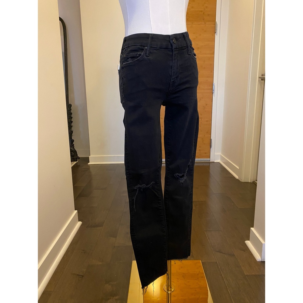 MOTHER Looker Ankle Fray Black Denim Jeans Women's Size 23 Distressed - Picture 2 of 7